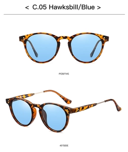Detailed front and 45 degree side view of retro tortoiseshell sunglasses with blue lenses