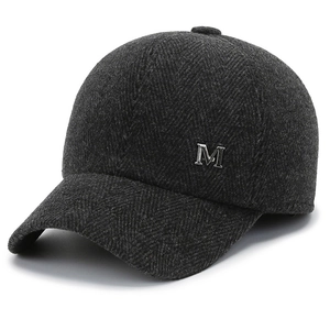 Men's winter woolen baseball cap with herringbone pattern and a metal M logo accent