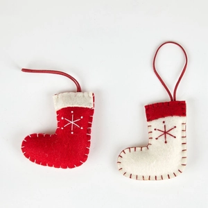 Handmade red and white felt Christmas stocking ornaments with snowflake embroidery decoration