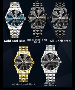 Detail view of five men's business watches with sunray dials and steel bracelets