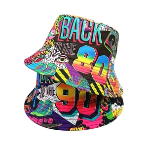 Colorful reversible bucket hats featuring vintage 80s and 90s retro graffiti patterns