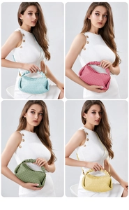 Four-panel view of soft woven leather handbags in blue, pink, green, and yellow