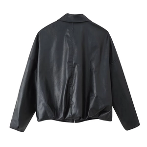 Back view of a classic black faux leather jacket for women with long sleeves and belted waist