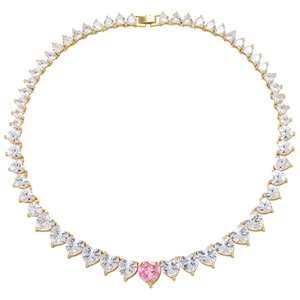 Detail of pink heart zircon necklace with 18K gold plating and pavé white stones