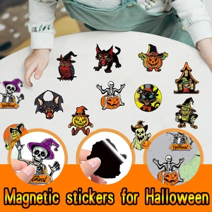 Kids playing with waterproof Halloween gnome and pumpkin magnetic stickers on a desk