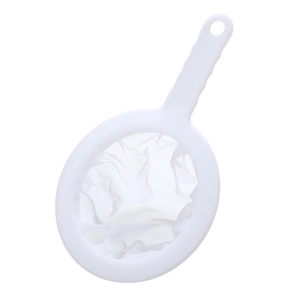 White fine mesh kitchen strainer with ergonomic plastic handle for soybean milk and juice