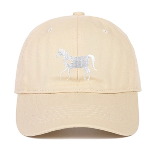 Detailed close-up of a beige cotton baseball cap with white horse silhouette embroidery