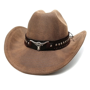 Detail of western cowboy hat featuring dark leather band with silver bull head emblem