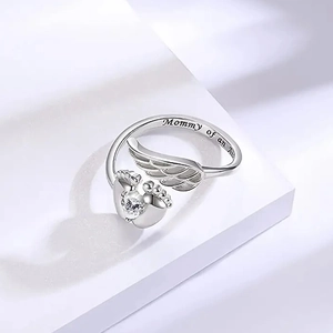Silver angel wing and baby footprint open ring with Mommy of an Angel engraving