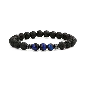 Macro shot of 8mm black lava stone beads and blue tiger eye stone beads on elastic bracelet
