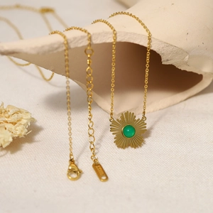 Französischer Vintage Edelstahl Sonnenblume Anhänger Halskette 18K Gold Plattiert Grün Malaiischer Jade Halskette Damen Schmuck