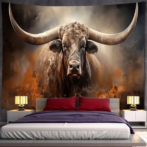 Artistic longhorn cattle oil painting style tapestry as modern bedroom wall decoration