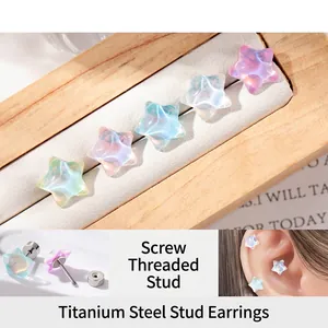 Star Stud Earrings Titanium Steel Resin Holographic Aurora Screw Back Flat Back Sweet Cute Jewelry For Women