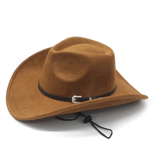 Detail of suede cowboy hat featuring a black leather band and silver metal buckle