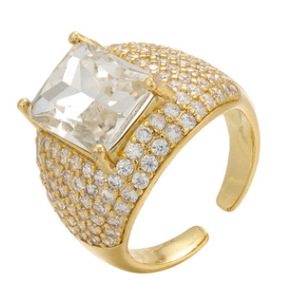 Luxurious gold square zircon ring featuring a large main stone and pavé setting wide band