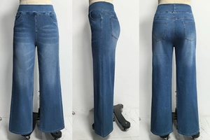 Drei-Seiten-Ansicht der High-Waist-Jeans mit weitem Bein, Vintage-Waschung und Gummibund