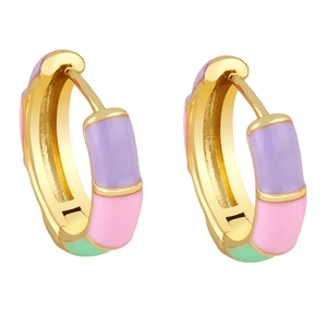 Golden hoop earrings with purple, pink, and mint green enamel gradient color blocks
