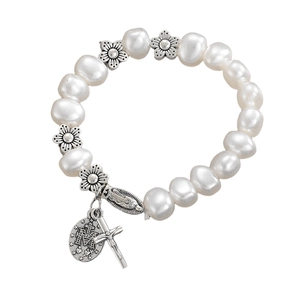 White faux pearl beaded bracelet with silver flower beads and religious cross pendants