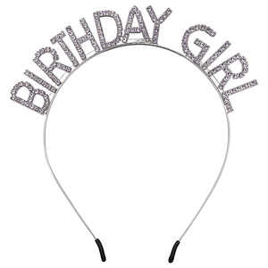 Macro detail of Birthday Girl headband with shiny rhinestones on silver metal frame