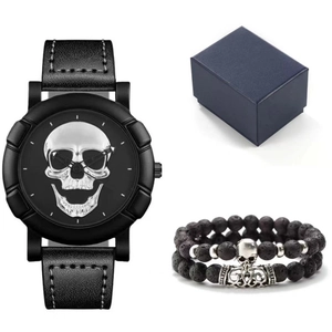 Detail of hip hop men's quartz watch set with skull relief dial and lava stone bracelets