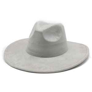 Detail of light gray faux suede fedora hat with a wide brim and premium stitching