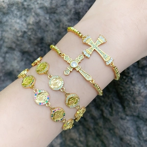 Fashion Religious Copper Bracelet For Women Gold Plated Cross Virgin Mary Medal Zirconia Inlaid Adjustable Hip Hop Bracelet Jewelry