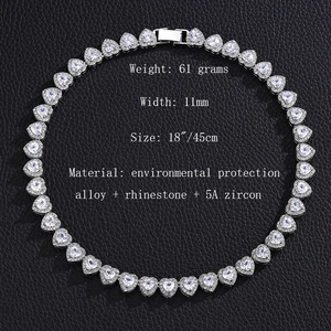 Collana a catena con maglie a cuore in lega d'argento e zirconi 5A per stile hip hop