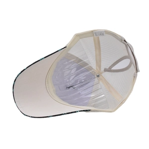 Detail view of khaki mesh ponytail cap interior showing breathable material and labels