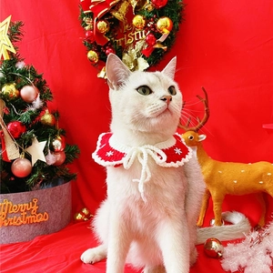 Close-up of a festive knitted pet Christmas collar with snowflake patterns on a cat