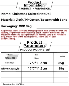 Detailed technical chart showing sizes and weights for Christmas faceless gnomes