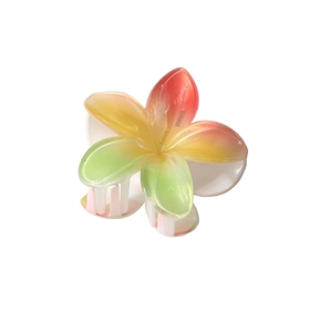 Macro detail of gradient plumeria hair claw clip with colorful resin flower petals