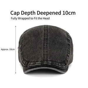 Deep-fit charcoal washed denim flat cap with 10cm crown depth for full head coverage