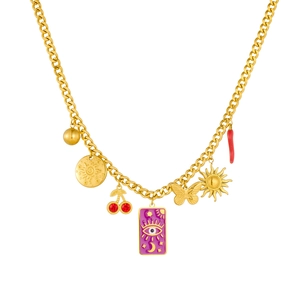 Gold plated stainless steel necklace featuring sun, moon, and butterfly charm pendants