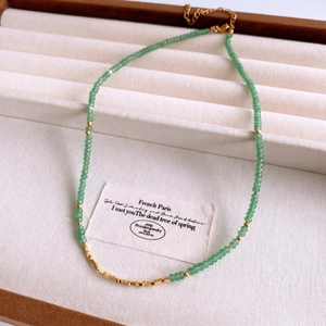 18K gold plated green aventurine beaded necklace with adjustable chain in vintage style