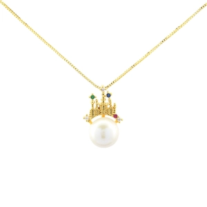 Exquisite 18K gold castle pendant necklace with fresh water pearl and colorful zircons