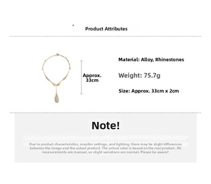 Detail view of gold drop necklace with alloy and rhinestones showing size and weight specs