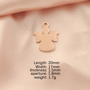 Detailed specs of rose gold angel pendant in stainless steel with 20x17mm dimensions