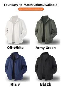 Collage of casual stand-collar jackets in off-white, army green, blue, and black colors