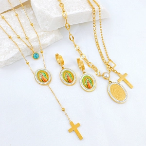 Religious Virgin Mary Cross Necklace And Earrings Titanium Steel Enamel Turquoise Artificial Pearl Rhinestone Vintage Women