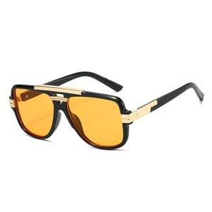 Retro square sunglasses with orange lenses and black-gold frame in a 45-degree angle view