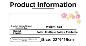 Detailed chart showing seersucker toiletry bag dimensions 22x9x15cm and 65g weight