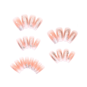 Pink gradient long coffin press-on nails with silver butterfly and glitter accents