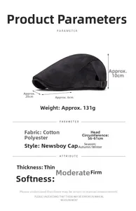Detailed size parameters for the cotton blend flat cap featuring a 56-61cm adjustable fit