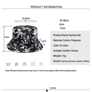Size chart for reversible coconut tree print bucket hat showing measurements and specs