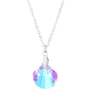 Detail of shell-shaped faceted blue crystal pendant on silver link chain necklace