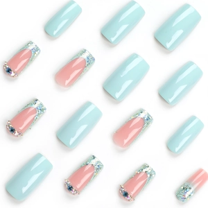 French press-on nails in light blue and pink with silver glitter tips and rhinestones
