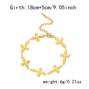 Detailed size and weight specs for the gold stainless steel cross bracelet in studio light