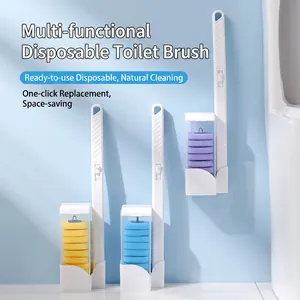 Disposable Toilet Brush With Long Plastic Grip And Refillable Sponges Built In Cleaner Wall Mounted Bathroom Cleaning Wand
