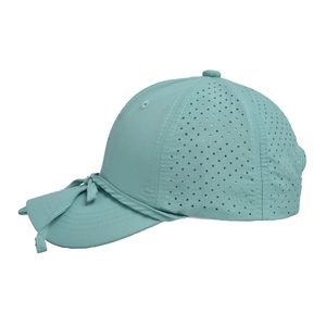 Detail of teal quick-dry baseball cap featuring breathable laser-cut holes and side bow knot