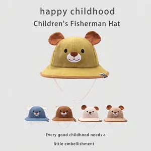 Kids Cotton Bucket Hat Cartoon Bear With 3D Ears Embroidery Sun Protection Summer Outdoor Fishing Cap For Boys Girls Baby